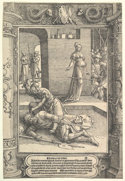 Jael Killing Sisera, ozdobný rám, ca. 1517. od Lucas van Leyden