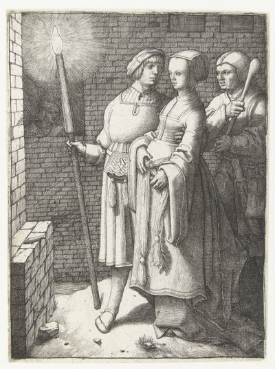 Mladý muž s pochodní, žena a nar od Lucas van Leyden