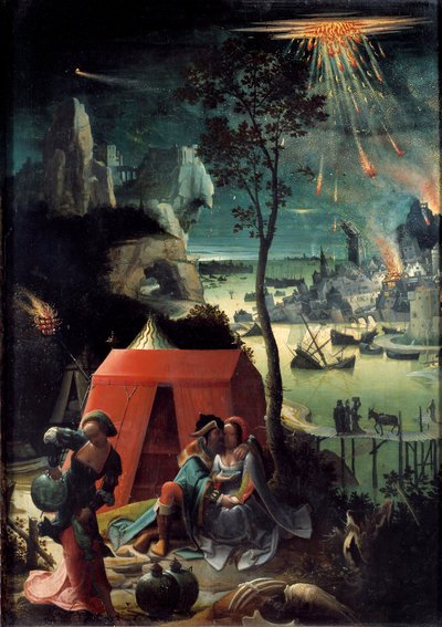Loth a jeho dcery Loth obklopí své dvě dcery, útočiště v hoře, aby unikli zničení Sodomy. Nahé dívky opíjejí svého otce. Obraz Lucase van Leyden dit Lucas de Leiden (Leide) (Lucas Hugensz nebo Lucas Jacobsz) (1494-1533) 16 od Lucas van Leyden