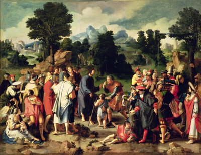 Uzdravení slepého muže z Jericha, centrální panel triptychu, 1531 (olej na plátně přenesený z panelu) od Lucas van Leyden