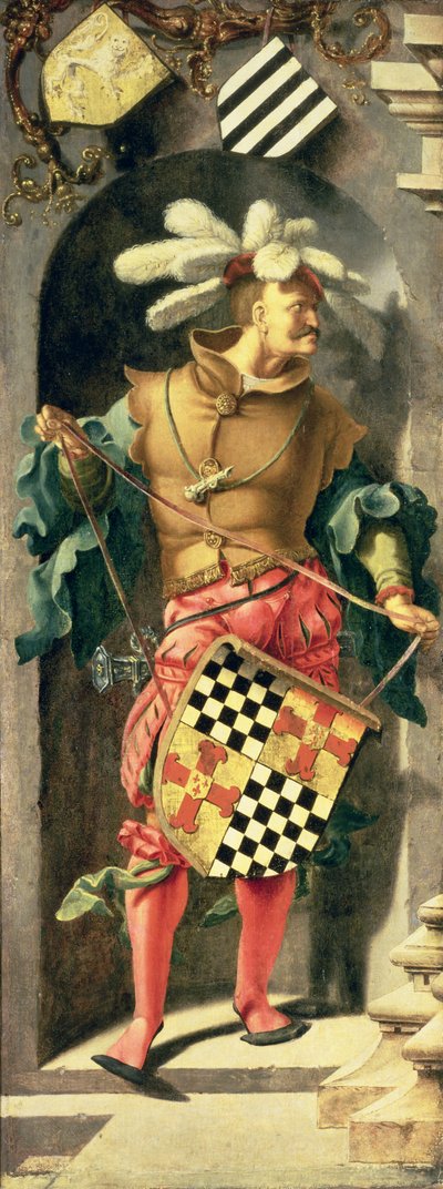 Uzdravení slepého muže z Jericha, levý boční panel triptychu zobrazující válečníka s patronovým erbem, 1531 (olej na plátně přenesený z panelu) od Lucas van Leyden