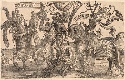 Devět hrdinů: Artuš, Karel Veliký (Charlemagne), Godfrey z Bouillonu od Lucas van Leyden