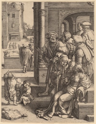 Básník Virgil zavěšený v koši od Lucas van Leyden