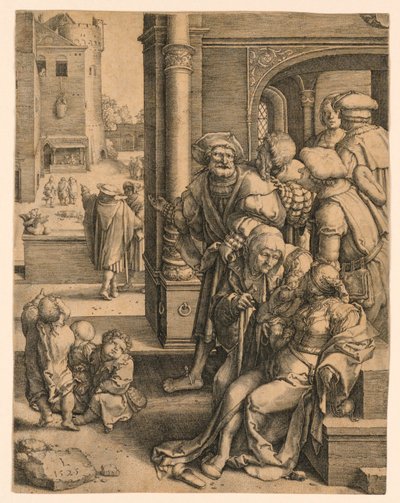 Básník Virgil zavěšený v koši od Lucas van Leyden