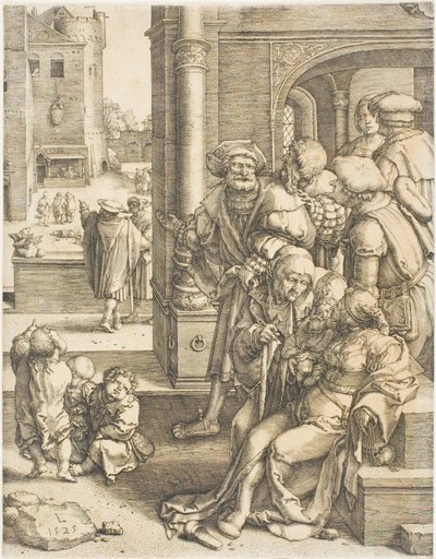 Básník Virgil zavěšený v koši od Lucas van Leyden