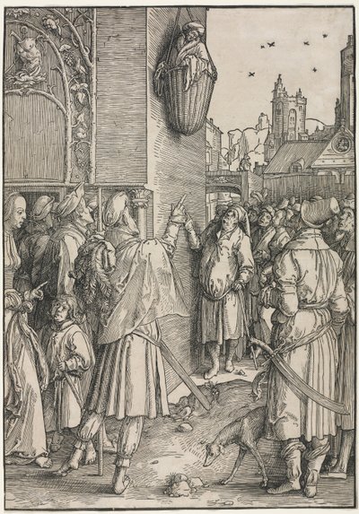 Síla žen: Básník Virgil zavěšený v koši od Lucas van Leyden