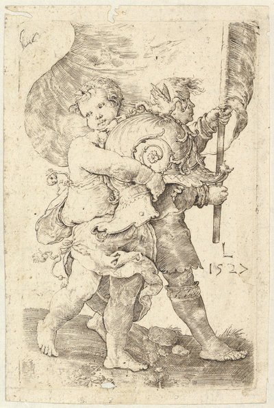 Dva chlapci s helmou a standardem, 1527. od Lucas van Leyden