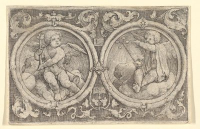 Dva Putti sedící v oblacích v kruzích s úponky, 1517. od Lucas van Leyden