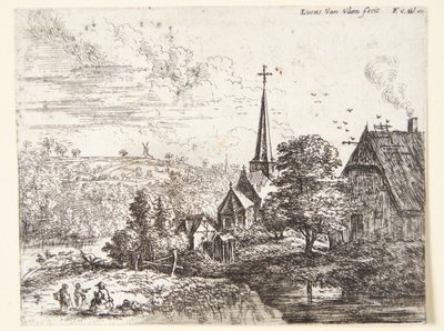 Vesnice u řeky, v popředí tři postavy od Lucas van Uden