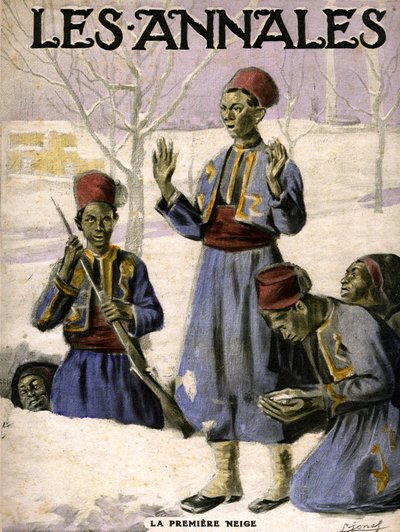 První sníh: skupina senegalských ozbrojenců objevuje sníh (rytina) od Lucien Hector Jonas