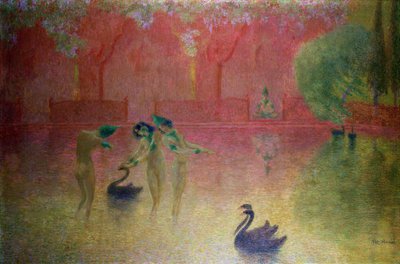 Nymphen baden in einer orientalischen Landschaft von Lucien Levy-Dhurmer