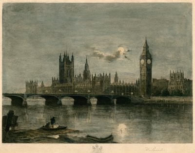 Westminster v noci barevná rytina od Lucien Marcelin Gautier