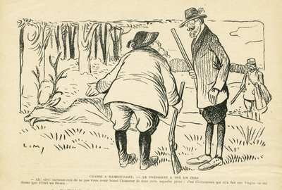 Ilustrace v Le Rire, 5.12.08 - Lov v Rambouillet - Přírodní vegetace, Lovec, prezident republiky, Rambouillet - Clemenceau Georges, Fallieres Armand (1841-1931), Jelen od Lucien Metivet