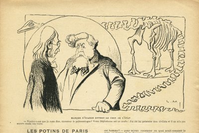 Ilustrace v Le Rire, 27/06/08 - Neúcta k hlavě státu - Prezident republiky, Dinosaurus, Paleontologie - Fallieres Armand (1841-1931), Dinosaurus, Diplodocus (rytina) od Lucien Metivet