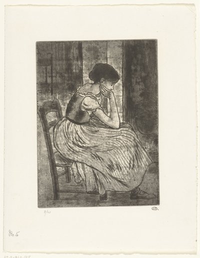 Mladá žena sedí u ohně od Lucien Pissarro