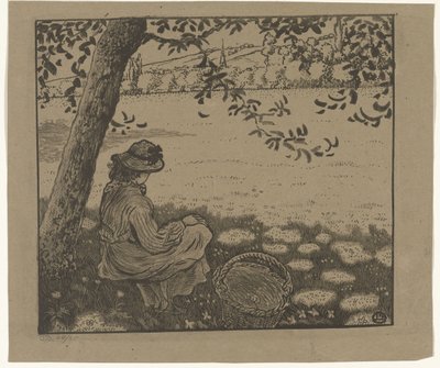 Dívka pod stromem na louce od Lucien Pissarro