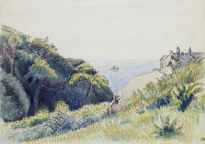 The Coastguards House, Ecclesbourne, 1918 (pero a šedý inkoust a barevné pastelky na texturovaném papíře) od Lucien Pissarro
