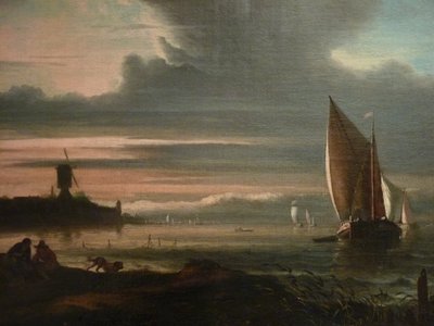 Německy: Mořské pobřeží s plachetnicemi a větrným mlýnem Hradba Het Blauwhoofd v Amsterdamu
 detail od Ludolf Bakhuizen