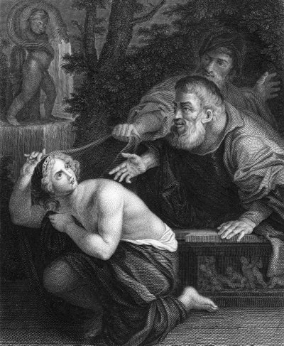 Susannah a starší (rytina) od Ludovico (after) Carracci