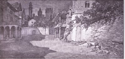 Otevřené místo přiléhající ke Kapuletově zahradě, ilustrace z Romea a Julie, od Ludovico Marchetti