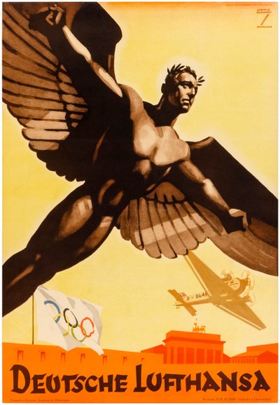 Deutsche Lufthansa, plakát německých aerolinek propagující olympijské hry 1936 v nacistickém Německu (plakát) od Ludwig Hohlwein