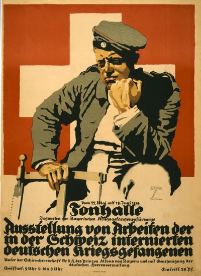 Tonhalle ... Výstava děl německých válečných zajatců pro Švýcarsko, hospoda. V roce 1918 (Color Litho) od Ludwig Hohlwein
