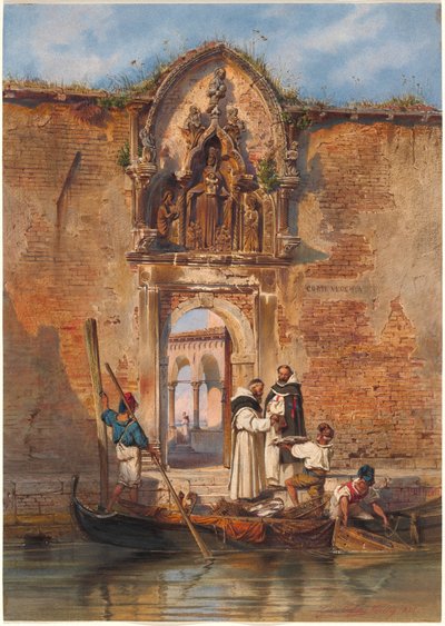 Mniši kupují ryby před portálem Madonna della Misericordia od Ludwig Johann Passini