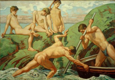 Nahí lodníci (rybáři) a chlapci na zeleném břehu od Ludwig von Hofmann