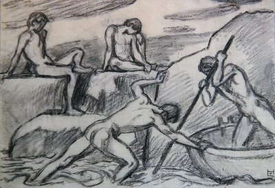 Nahý lodník a mladíci na zeleném břehu (grafit na papíře) od Ludwig von Hofmann