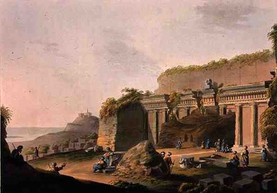Grotto Cut in the Rock, Near Lind on Rhodos, z „Views in the Ottoman Empire“, vydané Robertem Bowyerem (1758-1834) 1803 (barevná akvatinta) od Luigi (after) Mayer