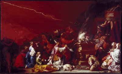 Postavy z Bible Sacrifice Scene se přeskupují kolem oltáře. U paty oltáře leží beránek. Obraz Luigi Miradori dit Il Genovesino (asi 1608-1655) Parma 17. století, Galleria Nazionale od Luigi Miradori