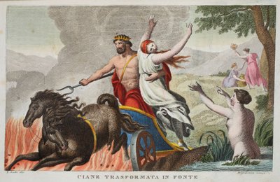 Cyane and the Rape of Proserpina nebo Ciane Transformata in Fonte, Book V, ilustrace z Ovidiových Metamorphoses, Florencie, 1832 (ručně kolorovaná rytina) od Luigi Ademollo