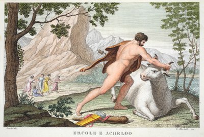 Hercules a Achelous nebo Ercole e Acheloo, kniha IX, ilustrace z Ovidiových metamorfóz, Florencie, 1832 (ručně kolorovaná rytina) od Luigi Ademollo