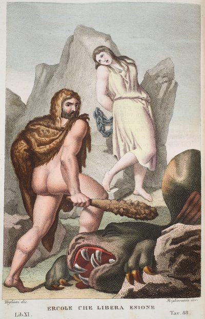 Hercules zachraňuje Hesione nebo Ercole che Libera Enione, Kniha XI, ilustrace z Ovidiových metamorfóz, Florencie, 1832 (ručně kolorovaná rytina) od Luigi Ademollo