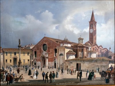 Pohled na baziliku svatého Eustorgia, Milán (olej na plátně). od Luigi Bartezzati