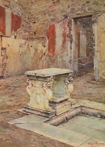 Pompeje: Ulička s visutým balkonem, Dům s impluviem a mramorovou mensou (barevná litografie) od Luigi Bazzani
