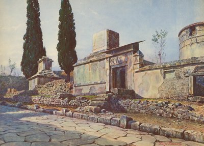 Pompeje: Sepolcri, hrobky a cypřiše (barevná litografie) od Luigi Bazzani