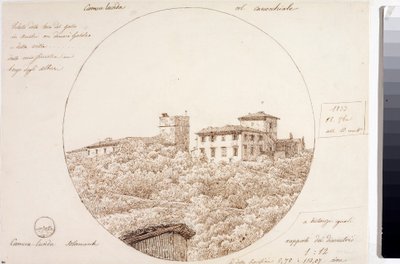 Teleskopický pohled na Torre del Gallo v Arcetri poblíž Florencie (kresba, cca 1833) od Luigi Garibbo