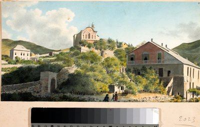 Pohled na kopec a kostel Oregina, Janov (akvarel, cca 1825) od Luigi Garibbo