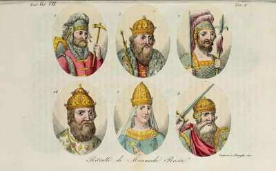 1. Rurik 2. Igor z Kyjeva 3. Olga 4. Svjatoslav 5. Vladimír Veliký 14. Ivan IV. z Il kostýmu antico Giulio Ferrario, 1831 od Luigi Giarrè