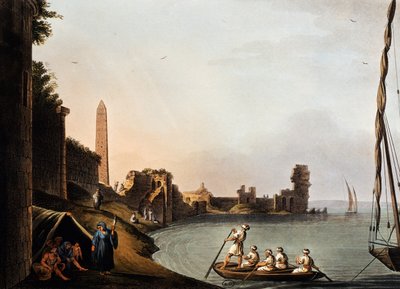 Starověké zdi a obelisk Kleopatry, Luigi Mayer (1755-1803), rytina z Vedute od Luigi Mayer