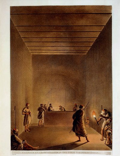 Egypt, místnost a sarkofág Velké pyramidy v Gíze, rytina z "Pohledy" Luigiho Mayera od Luigi Mayer