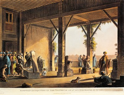 Egyptské starožitnosti na dvoře domu Boulaq z Pohledů v Egyptě od Luigi Mayera, rytina od Luigi Mayer