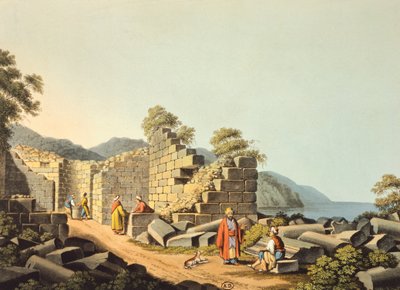 Řecko, ostrov Samos, ruiny starověkého chrámu, Luigi Mayer, rytina od Luigi Mayer