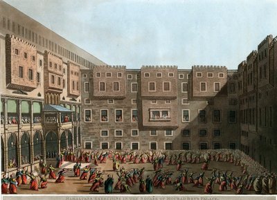 ""Mamlukové cvičí na nádvoří paláce Mourad Bey, Tunis"" (Mamlukové cvičí na náměstí paláce Murad Bey) Litografie Luigi Mayera (1755-1803) - 1802 Rozměr 22,9x31,6 cm Soukromá sbírka od Luigi Mayer