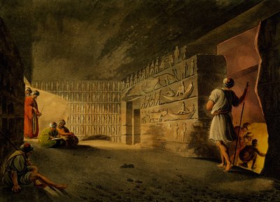 Podzemní komora pyramidy v Gíze, rytina, Luigi Mayer (1755-cca 1803), z Pohledů v Egyptě, Palestině a dalších částech Osmanské říše od Luigi Mayer