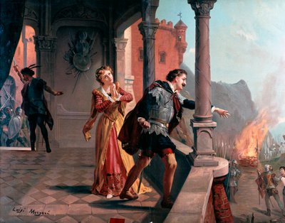 Ilustrace k árii Manrico, Di quel pira Act III, v Trubadore, opera Giuseppe Verdiho od Luigi Morgari