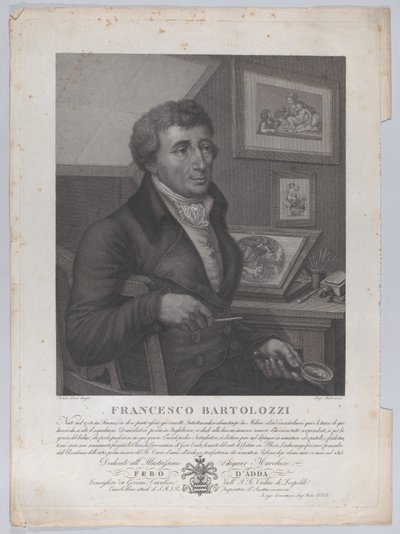 Portrét Francesca Bartolozziho, sedícího, držícího lupu s tiskařským nástrojem..., 1827 od Luigi Rados