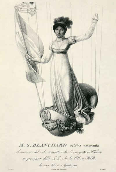 Portrét francouzské balonistky Sophie Blanchardové během jejího letu v Miláně, Itálie, 1811 od Luigi Rados