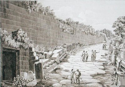 Římská cesta do Tuscula, po jeho prvním výkopu v roce 1825, z „Le Antichita dei contorni di Roma“, publikovaná 1824-26 (lept) od Luigi Rossini